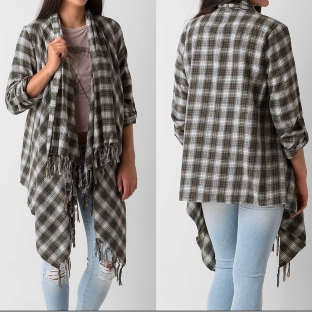 Billabong Green Flannel Staple Open Fringe Surf Shop Cardigan